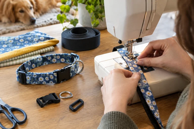 Person sewing a fabric dog collar with nylon webbing