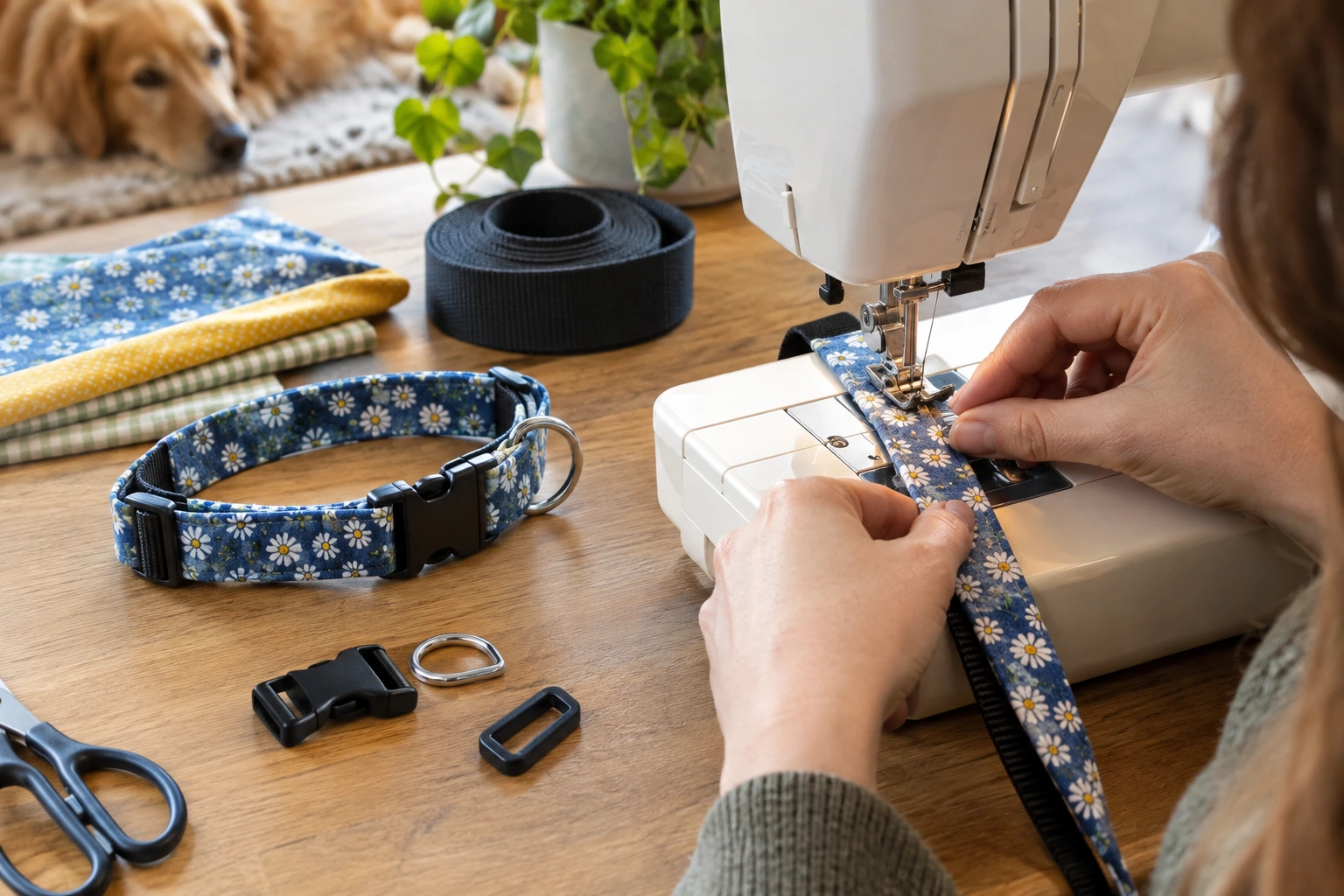 Person sewing a fabric dog collar with nylon webbing