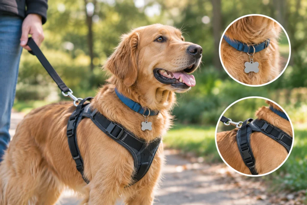 Dog wearing both a collar with an ID tag and a harness while walking outdoors