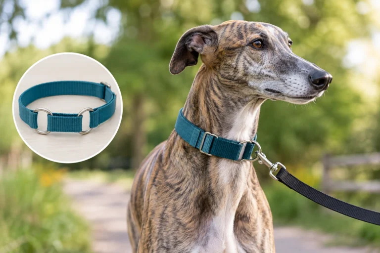 Greyhound wearing a martingale collar outdoors