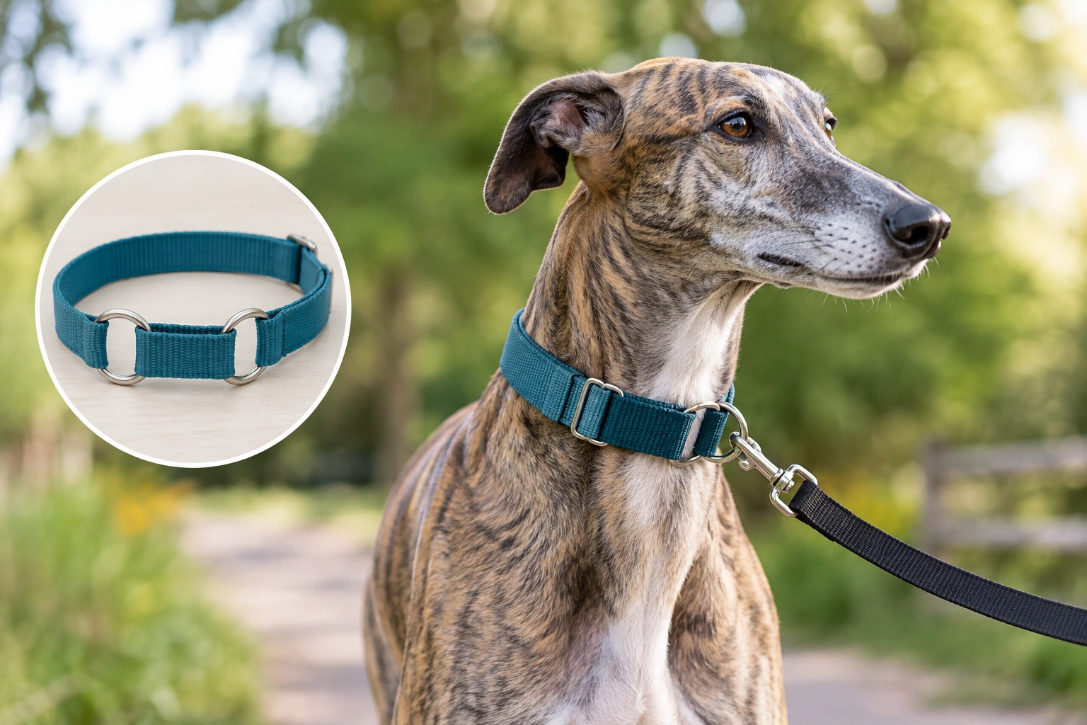 Greyhound wearing a martingale collar outdoors