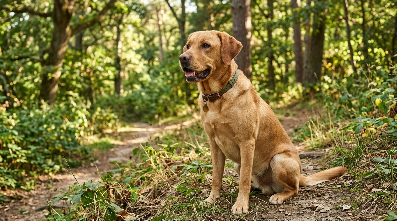 Dog wearing a flea and tick collar outdoors