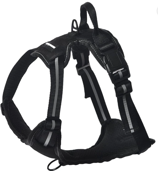 Amazon Basics black padded no-pull dog harness with front-clip D-ring and reflective straps.   