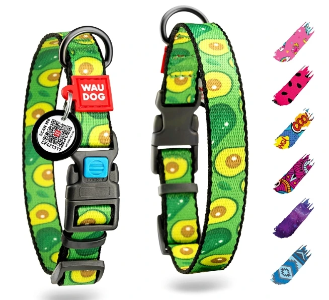 WAUDOG printed nylon puppy collar featuring an avocado pattern, a smart QR code ID tag, and a secure quick-release buckle.