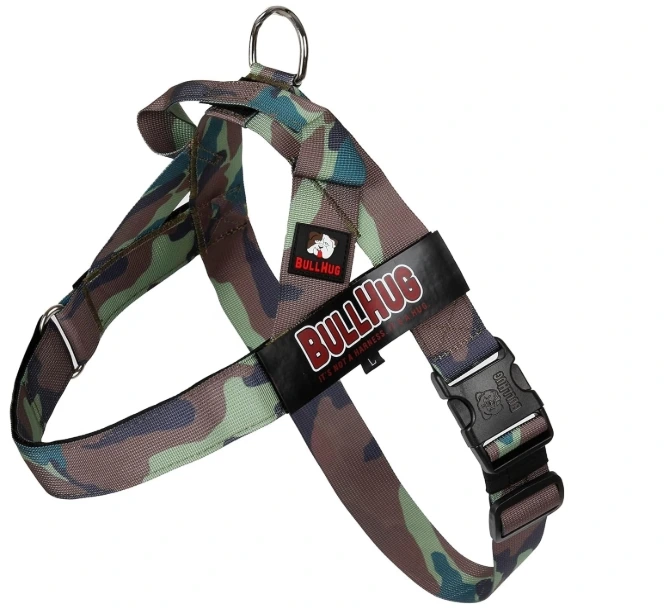 BULLHUG camouflage adjustable dog harness featuring a non-choking chest strap and metal leash ring, designed as the best harness for a bulldog puppy
