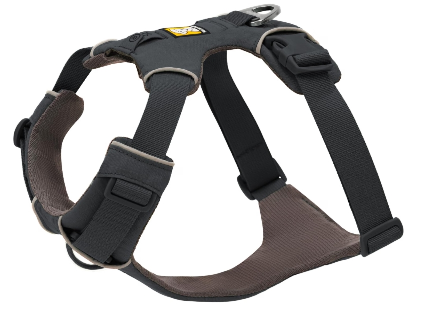 Dark grey Ruffwear Front Range Harness featuring padded chest panels and dual leash attachment points, selected as the best harness for a bulldog puppy