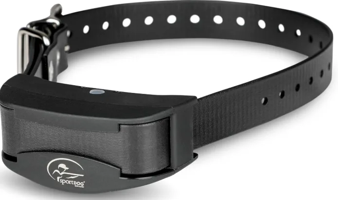 Black waterproof electronic dog collar by SportDOG featuring an adjustable synthetic strap with metal buckle and pre-punched sizing holes, integrated receiver module with logo, shown on a plain white background.
