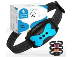 DogRook Humane No-Shock Bark Collar featuring a black and bright blue bone-shaped receiver on a black reflective nylon strap next to its product box and color accent variations.   