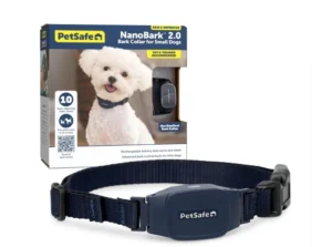 PetSafe NanoBark 2.0 Bark Collar for Small Dogs packaging box alongside the dark blue adjustable collar and control module.   