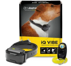 Dogtra iQ VIBE Vibration Only No Bark Collar packaging box next to a black electronic collar and a black training clicker with a yellow coiled wrist strap.   