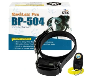 E-Collar Technologies BarkLess Pro BP-504 electronic dog bark collar kit with a black synthetic strap, product box, and a black training clicker on a yellow wrist strap.   