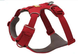 Red foam-padded Ruffwear Front Range Dog Harness with an aluminum back V-ring and adjustable straps.   
