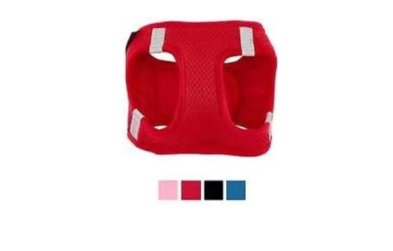 Red mesh step-in dog harness with reflective straps and color options swatches underneath.   