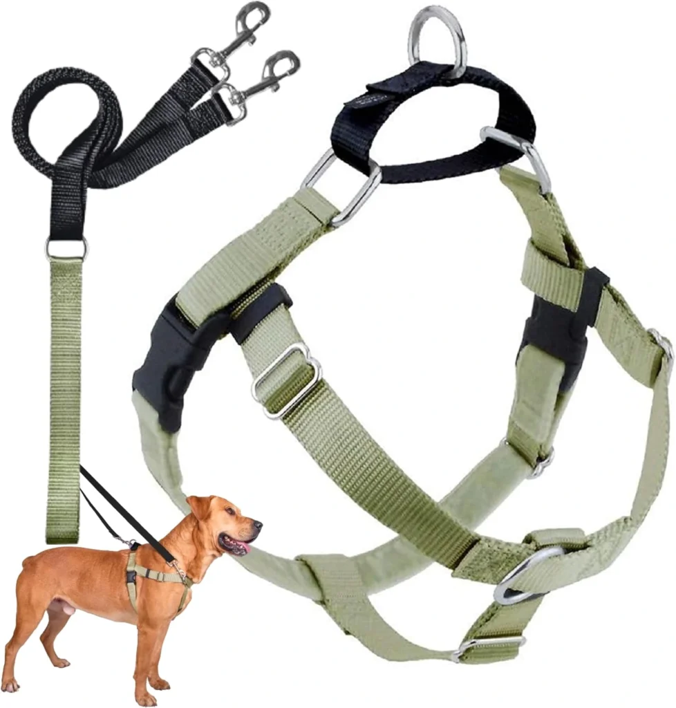 2 Hounds Design Freedom No Pull Harness with double-ended leash, velvet-lined chest strap, and front clip ring shown as the best front clip harness