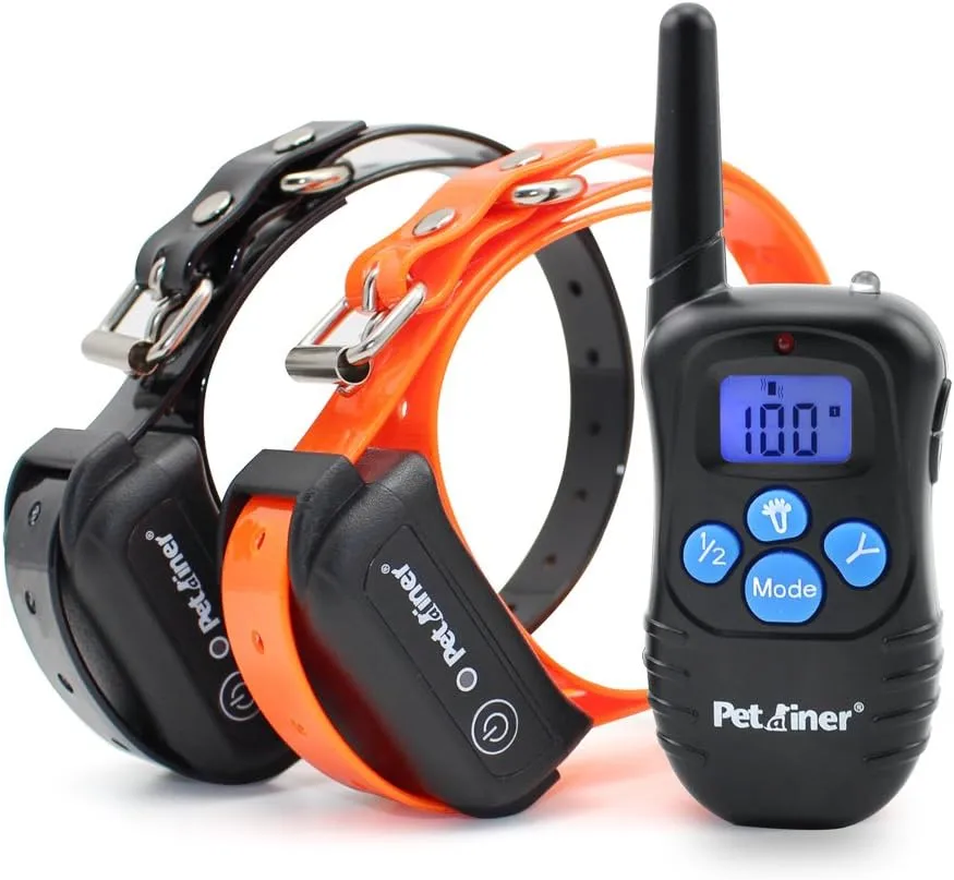 Petrainer PET998DBB2 remote trainer with black and orange collars and a blue backlit digital remote, featured as the best training collar for stubborn dogs on a budget.