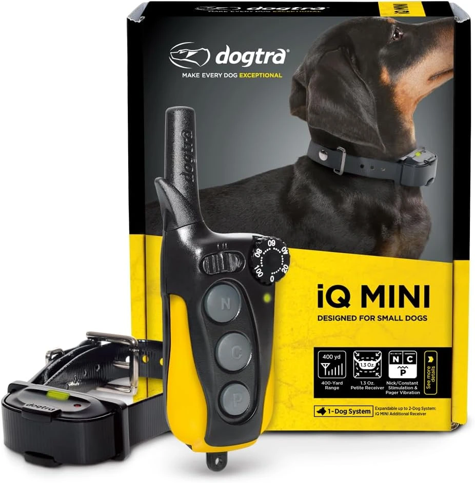 Dogtra iQ Mini - Best Dog Training Collar for Small Dogs packaging, transmitter remote, and petite receiver collar