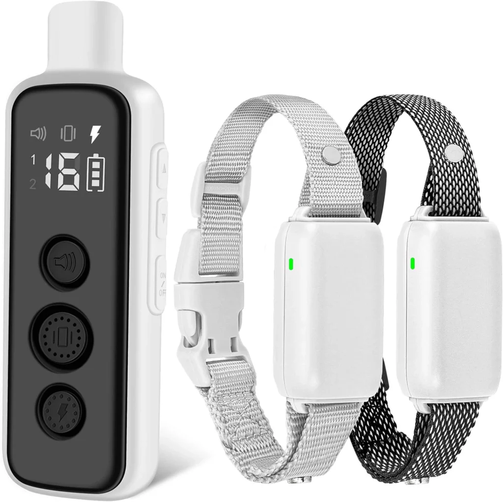 Bousnic Dog Shock Collar for 2 Dogs - Best Remote Dog Training Collar white handheld transmitter remote with digital display and two receiver collars