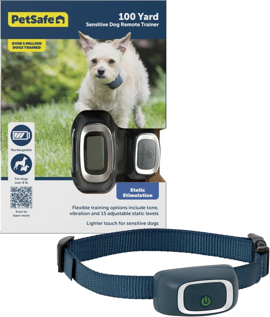 PetSafe 100 Yard Lite Remote Trainer collar and remote, considered the best shock collar for small dogs over 8 lbs