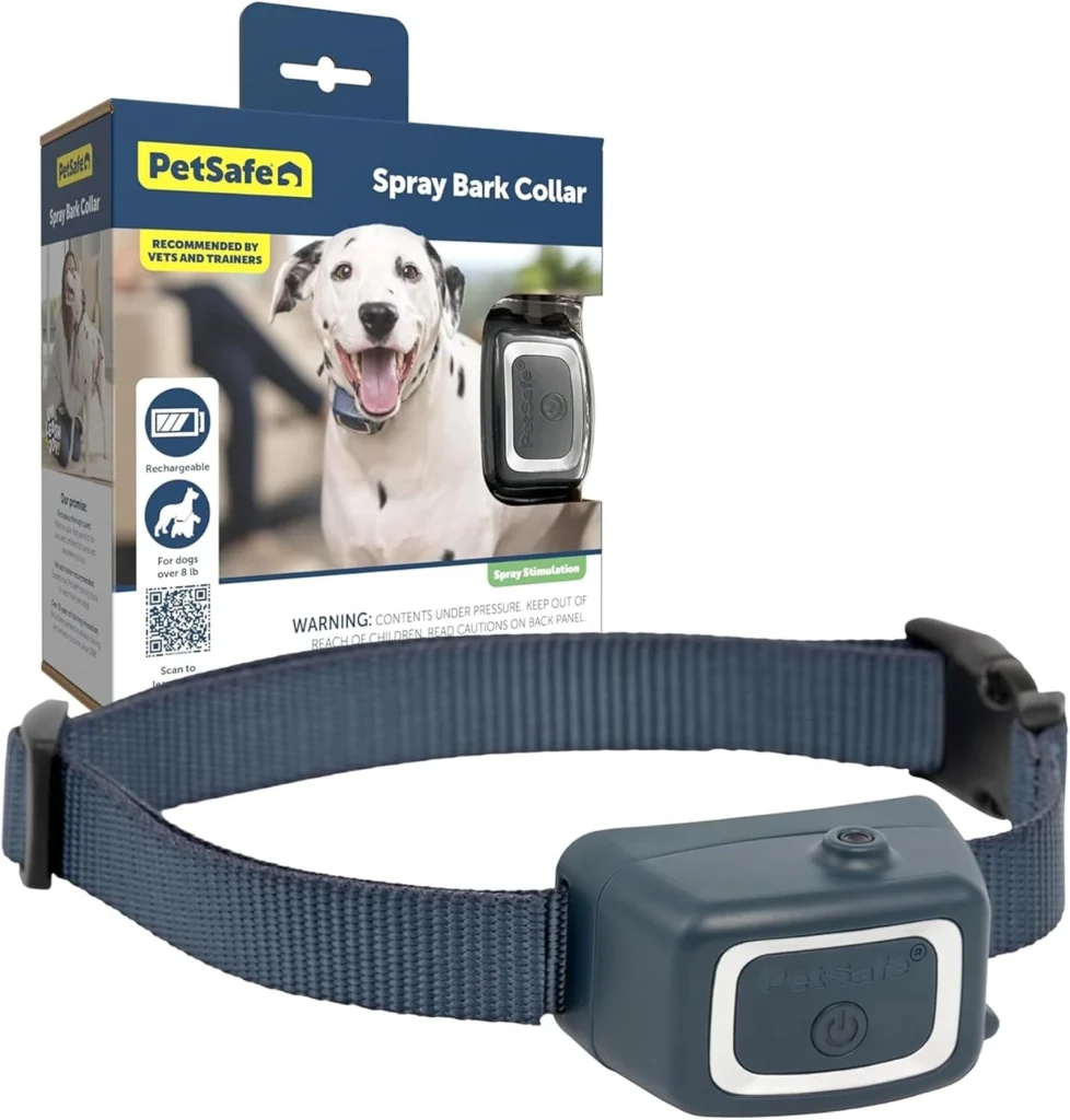 PetSafe Spray Bark Collar with navy blue strap and packaging – a gentle alternative for the best bark collar for puppies and dogs over 8 lbs.