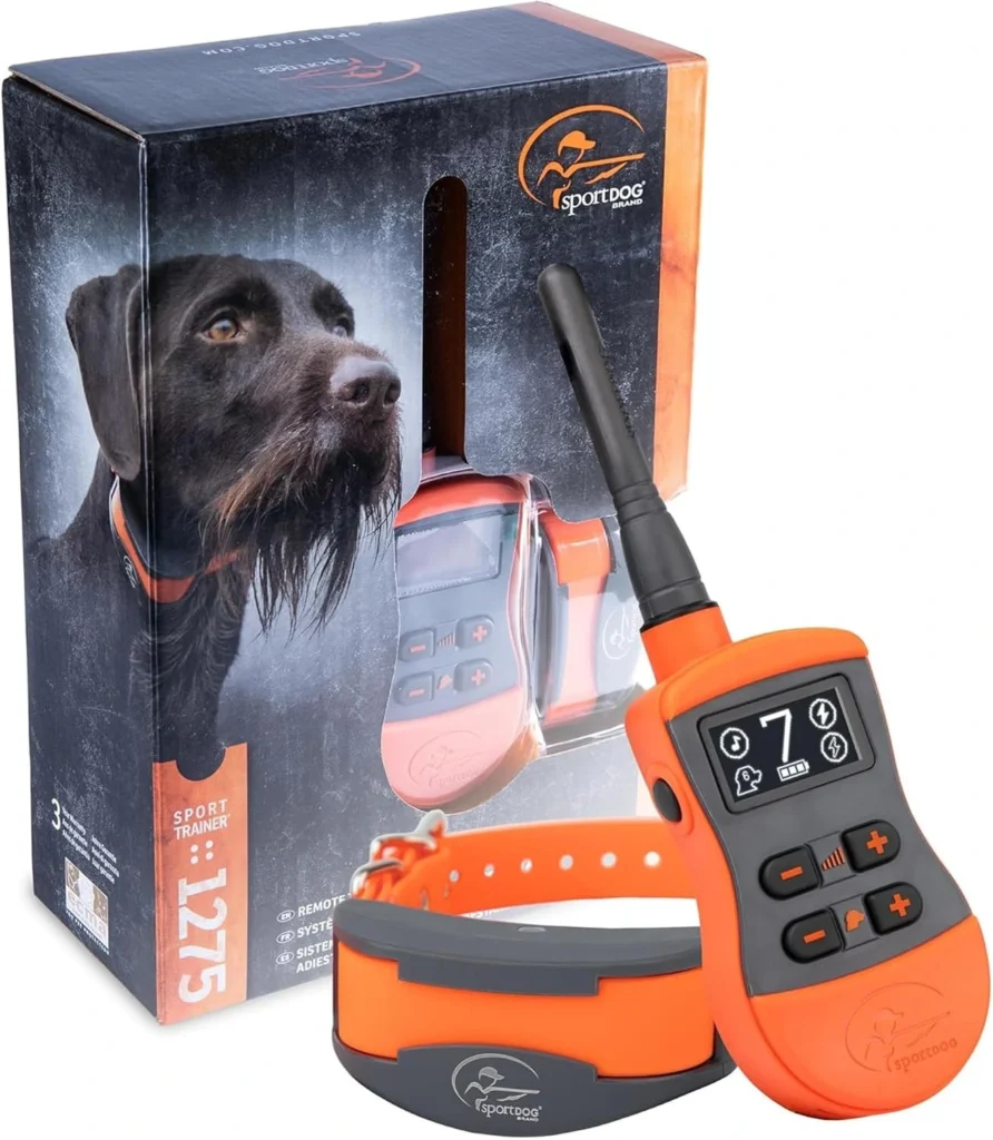 SportDOG SportTrainer 1275 - Best Remote Dog Training Collar orange handheld remote transmitter, receiver collar, and product box