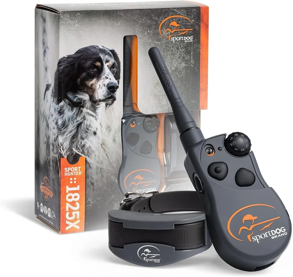 SportDOG SportHunter 1825X - Best Remote Dog Training Collar dark gray transmitter, receiver collar, and product packaging box