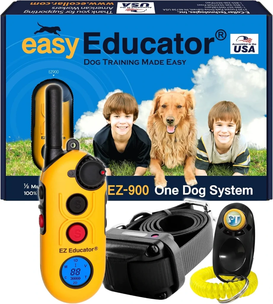 Educator EZ-900 yellow handheld transmitter and black receiver collar, highlighted as the best training collar for stubborn dogs with 256 levels of stimulation.