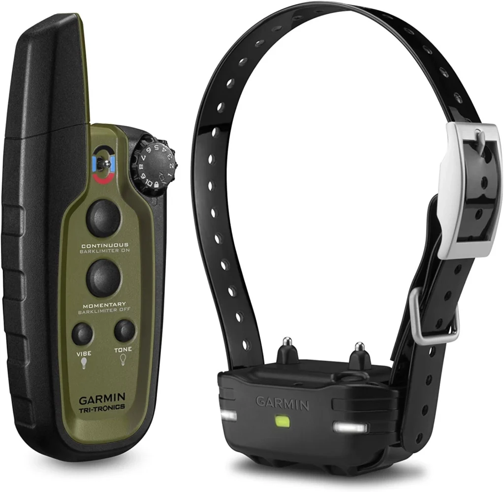 Garmin Sport PRO Bundle handheld transmitter with continuous, momentary, vibration, and tone buttons, shown next to its paired e-collar, highlighting it as the best e-collar for dog training for multi-dog households.
