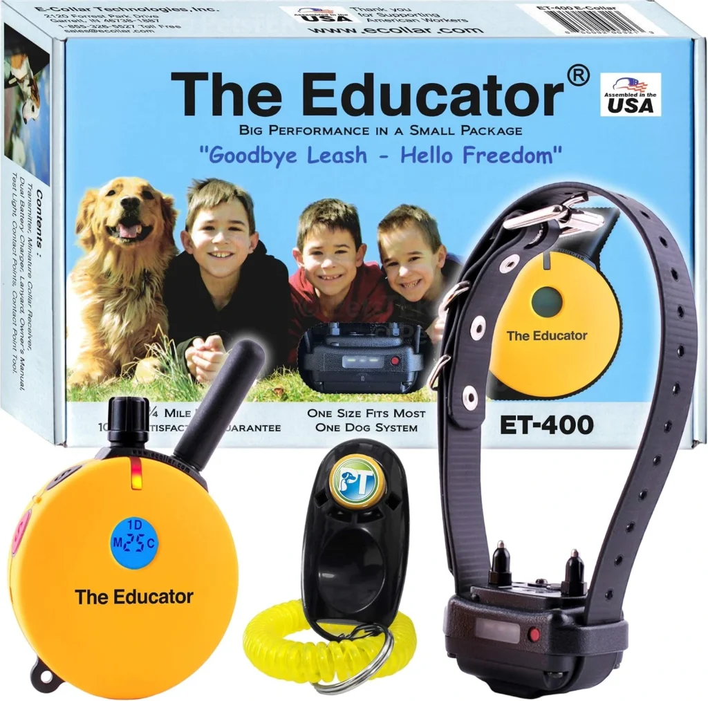 Educator ET-400, considered the best e-collar for dog training, shown with its yellow remote, collar, and product packaging box featuring a dog and children.
