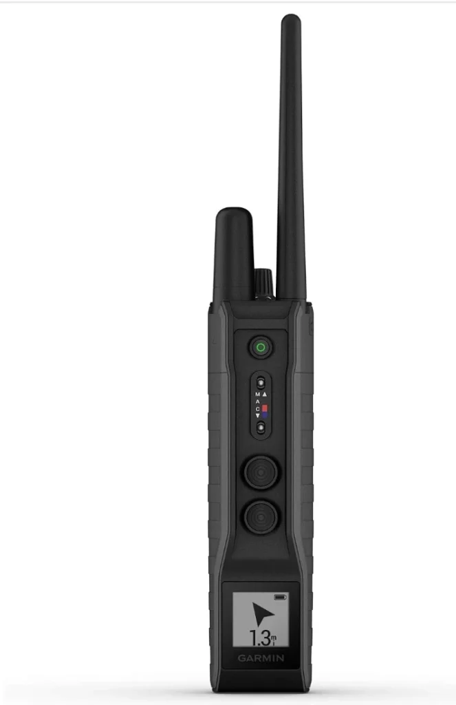 Garmin Pro 550 Plus handheld remote training device and GPS tracker displaying distance screen, featured as the best e-collar for dogs.