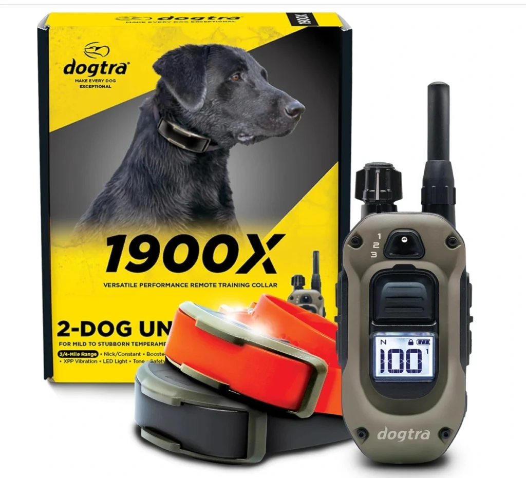 Dogtra 1900X 2-dog remote training collar packaging box, handheld transmitter displaying level 100, and receiver collars, featured as the best e-collar for dogs.