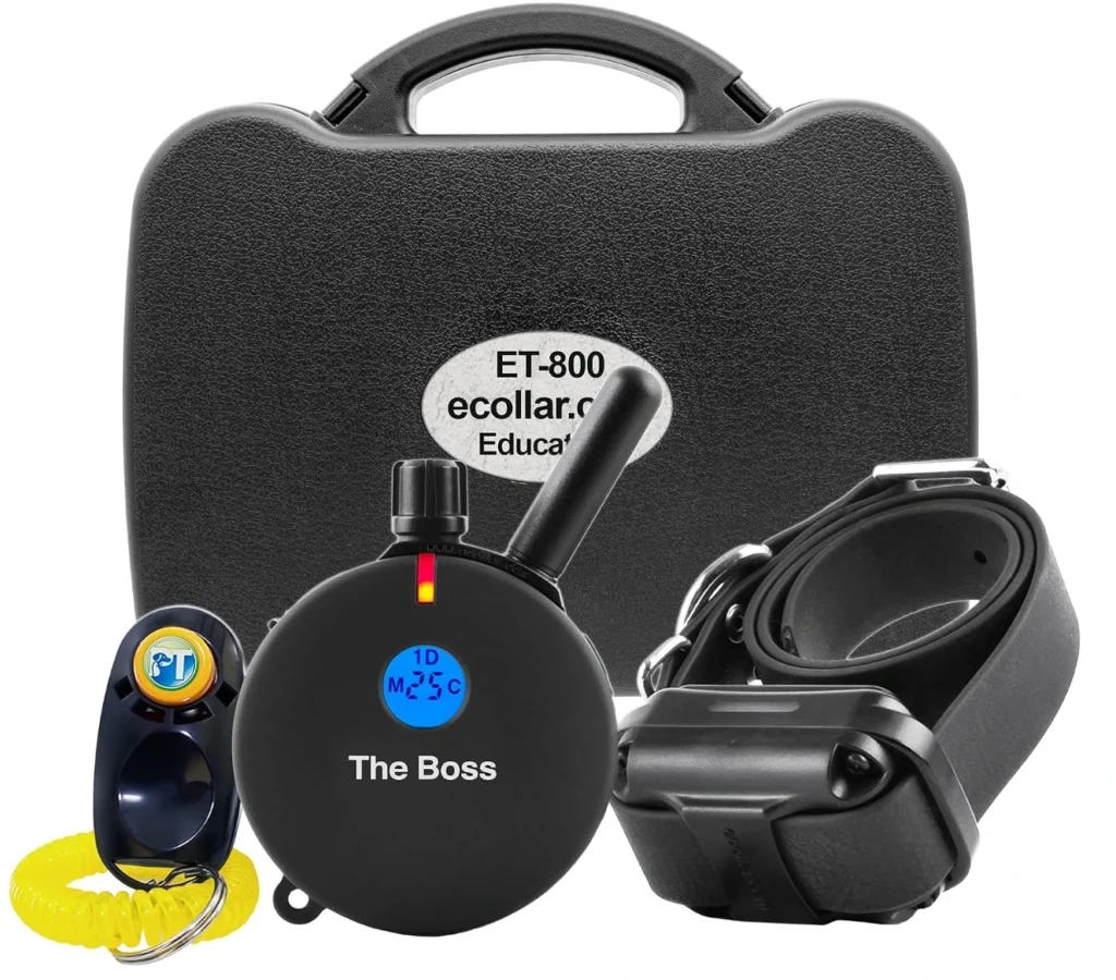 Educator ET-800 The Boss remote training collar kit with round transmitter, black receiver collar, yellow lanyard, and hard carrying case, featured as the best e-collar for dogs.