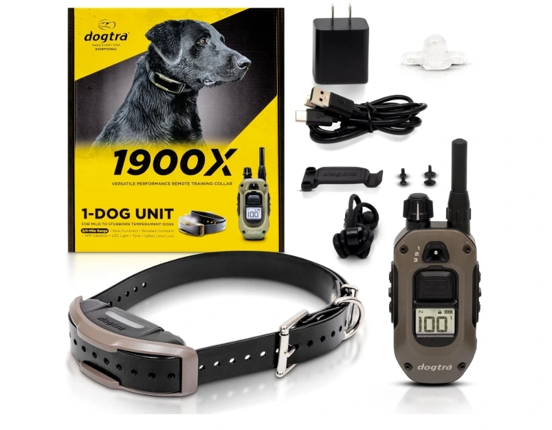 Dogtra 1900X E-Collar remote training kit with receiver collar, handheld remote controller, and charging accessories for the best rated dog shock collar.