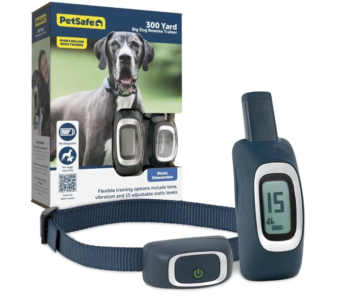 PetSafe 300 Yard Big Dog Remote Trainer kit featuring a waterproof collar, handheld remote, and product box representing the best rated dog shock collar for value.