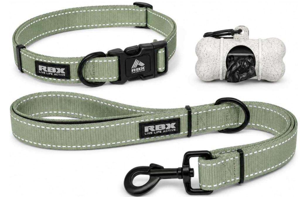 Sage green RBX reflective dog collar and leash set alongside a bone-shaped poop bag dispenser   