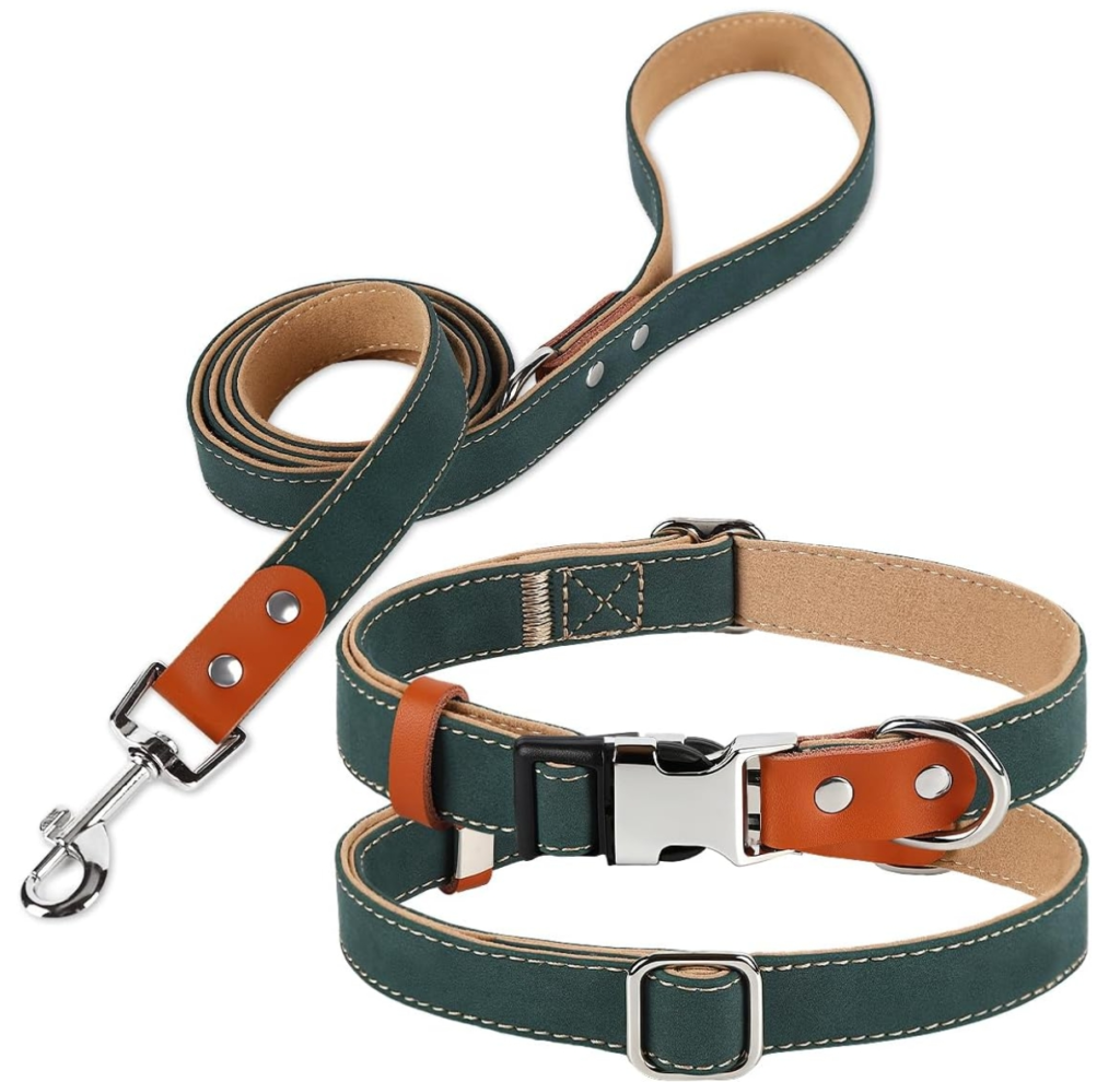 best dog collars and leashes - eco friendly dark green leather and hemp dog collar with matching leash set
