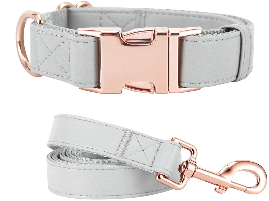 best dog collars and leashes - stylish grey vegan leather dog collar with rose gold metal buckle and matching leash set   