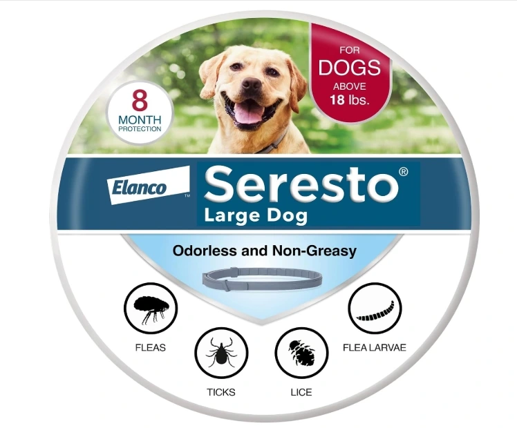 Seresto Large Dog flea and tick collar package providing 8 months of protection against fleas, ticks, lice, and flea larvae for dogs over 18 lbs.