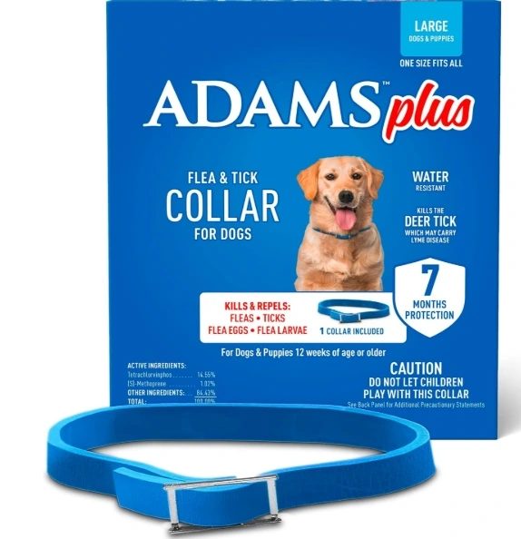 Adams Plus Flea and Tick Collar package for large dogs and puppies 12 weeks of age or older, featuring a blue water-resistant collar.   